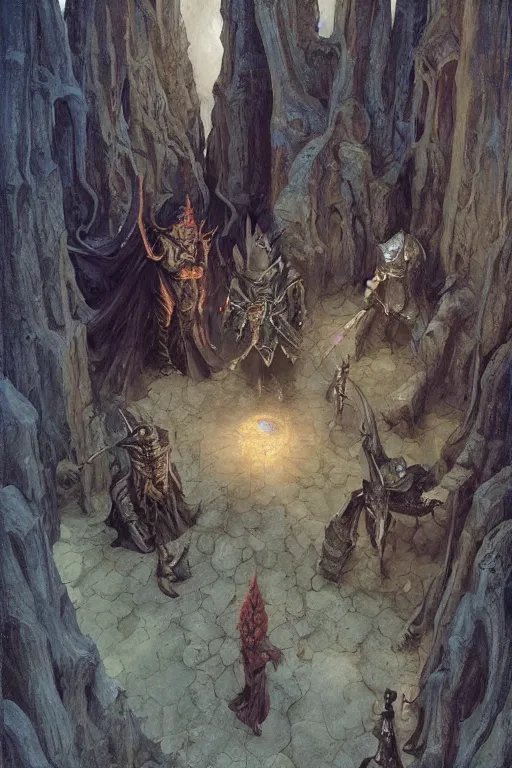 Image similar to art by john howe of shade rangers and demon diplomat - clerics.