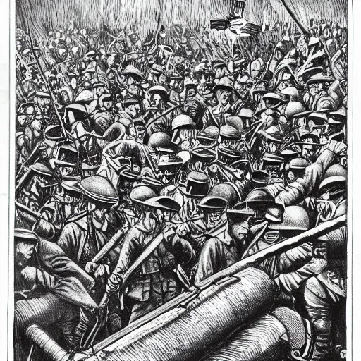 Prompt: first world war drawing, where is waldo style, high detailed print