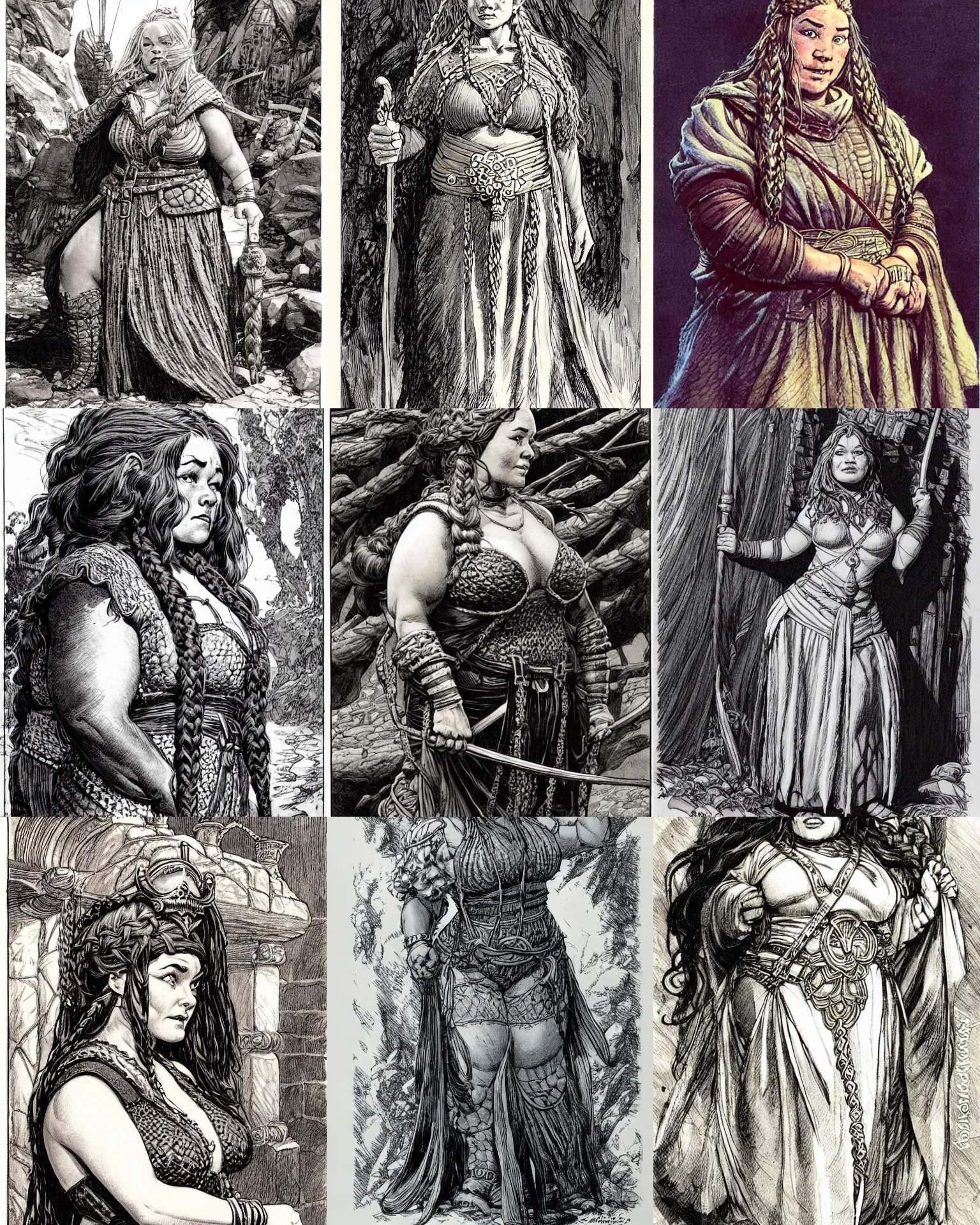 Prompt: female dwarven noblewoman, chubby short stature, braided intricate hair, by bernie wrightson