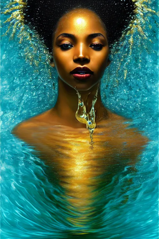 Prompt: hyperrealistic post - classical cinematic very expressive! black oshun goddess with white! iris, body in water, mirror dripping droplet!, gold flowers, highly detailed face, digital art masterpiece, smooth robert steven connett eric zener dramatic teal light, ground angle uhd 8 k, sharp focus