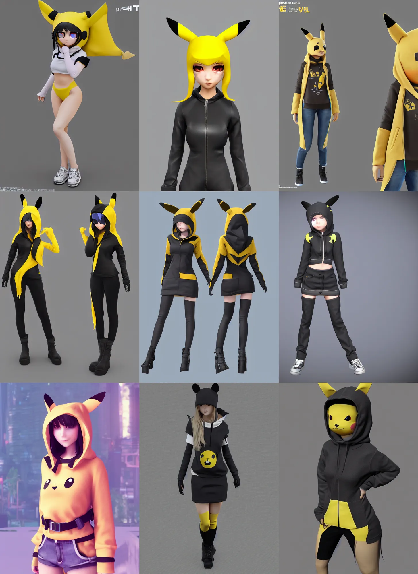 Image similar to vrchat, secondlife, imvu, 3 d model of a girl in a pikachu hoodie, hq render, detailed textures, artstationhd, booth. pm, highly detailed attributes and atmosphere, dim volumetric cinematic lighting, hd, unity unreal engine