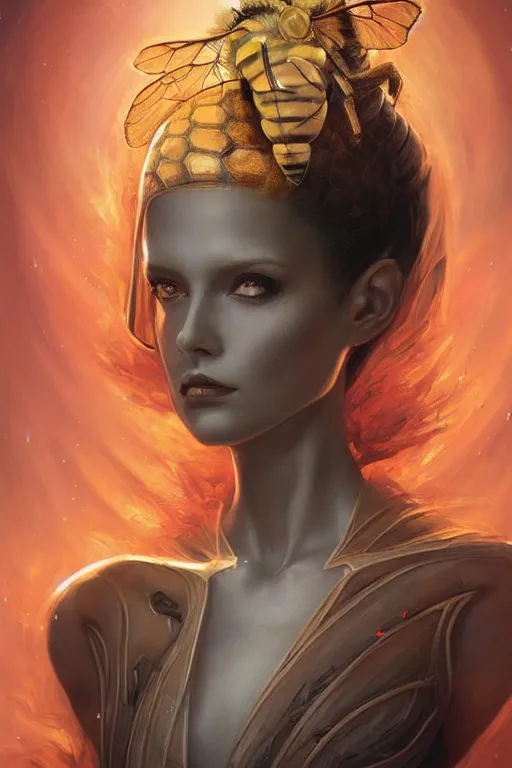 Image similar to portrait of an elegant alien bee woman queen, straight on portrait, full body character concept art, honeycomb, by artgerm, tom bagshaw, gerald brom, vaporwave colors, lo - fi colors, vaporwave, lo - fi, moody vibe, goth vibe, 4 k, hd,