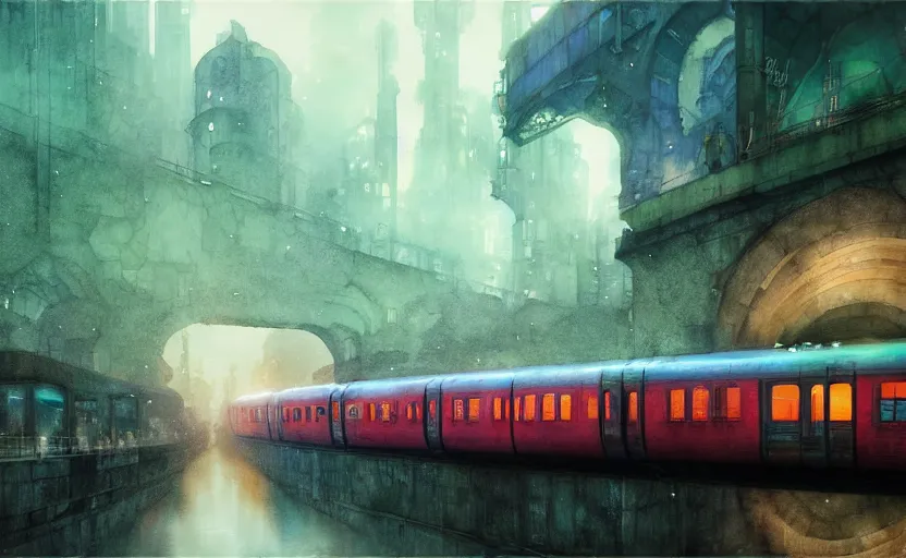 Image similar to an urban train rides inside of a waterway on a fantasy city. intricate, amazing composition, colorful watercolor, by ruan jia, by maxfield parrish, by marc simonetti, by hikari shimoda, by robert hubert, by zhang kechun, illustration, gloomy, volumetric lighting