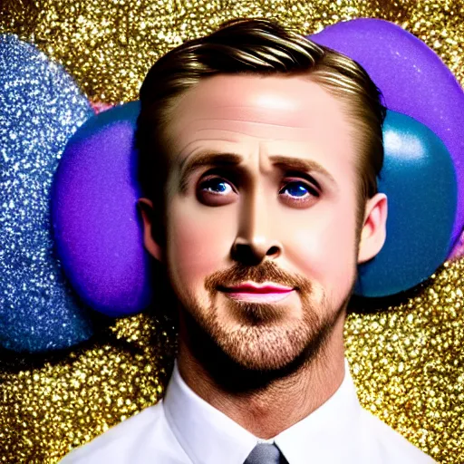 Prompt: Ryan Gosling with silver-violet hair, white eyes, inflated press and golden glittery dress, wide lens, diorama, 4k,
