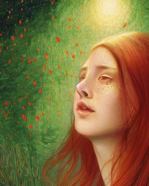 Image similar to a young woman, amazed by the lights of golden fireflies, sitting in the midst of nature fully covered, long loose red hair, intricate linework, green eyes, small nose with freckles, oval shape face, soft happy smile, realistic, expressive emotions, mystical scene, hyper realistic ultrafine detailed illustration by james jean and albert bierstadt and artgerm