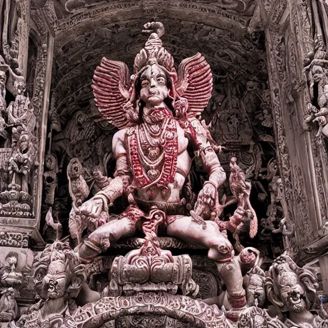 Image similar to sacred hindu blood temple, baphomet statue at the center, angel statues, 8 0's horror movie film still, highly detailed, symmetry, award - winning photography, 1 2 0 mm