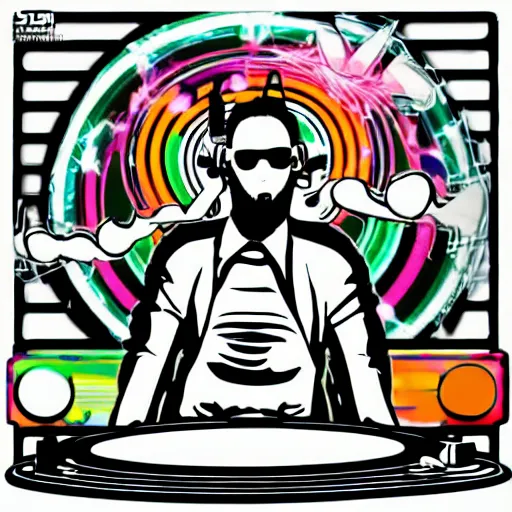 Image similar to svg sticker of a Dancing-Alex-Grey-Psychedelic-Rave-Man, at a rave, spinning records, giant headphones rocking out, wearing headphones, huge speakers, dancing, rave, DJ, spinning records, digital art, amazing composition, rule-of-thirds, award-winning, trending on artstation, featured on deviantart