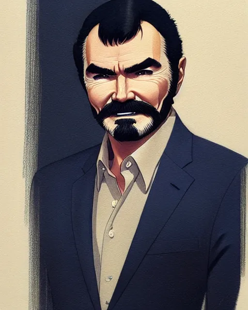 Image similar to portrait burt Reynolds. fine-face, pretty face, realistic shaded Perfect face, fine details. Anime. realistic shaded lighting by Ilya Kuvshinov katsuhiro otomo ghost-in-the-shell, magali villeneuve, artgerm, rutkowski, WLOP Jeremy Lipkin and Giuseppe Dangelico Pino and Michael Garmash and Rob Rey in official suit