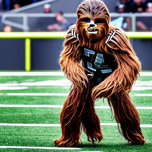 Image similar to replay of a football game with chewbacca as the quarterback, highly detailed, extremely high quality, hd, 4 k, 8 k, canon 3 0 0 mm, professional photographer, 4 0 mp, lifelike, top - rated, award winning, realistic, detailed lighting, detailed shadows, sharp, no blur, edited, corrected, trending