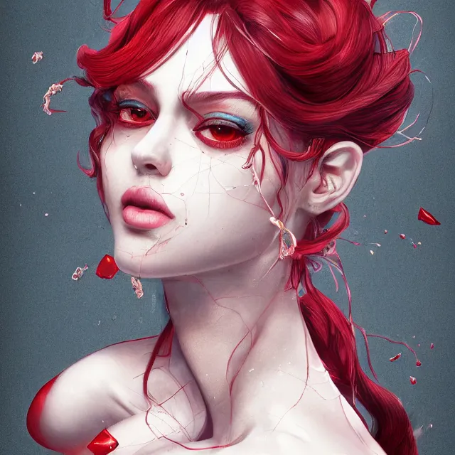 Image similar to portrait of a red gem ruby personified as an absurdly beautiful, elegant, young hypercolorful sensual gravure idol, ultrafine hyperrealistic detailed face illustration by kim jung gi, irakli nadar, intricate linework, sharp focus, bright colors, matte, octopath traveler, final fantasy, unreal engine highly rendered, global illumination, radiant light, intricate environment