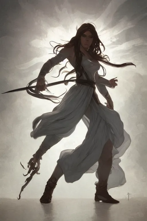 Prompt: wizard in a battle stance, full body, white outline, concept art, by artgerm, by greg rutkowski, by noah bradley, by alphonse mucha, digital art, simple grey background