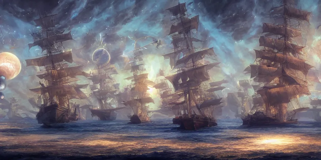 Prompt: Photorealistic epic science fiction painting of a tall ship with three masts sailing through space, by Rodney Matthews and Roger Dean. photorealism, UHD, amazing depth, glowing, golden ratio, 3D octane cycle unreal engine 5, volumetric lighting, cinematic lighting, cgstation artstation concept art