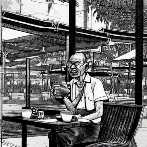 Image similar to concept art of an old singaporean man wearing a singlet drinking coffee in a hawker centre, by moebius