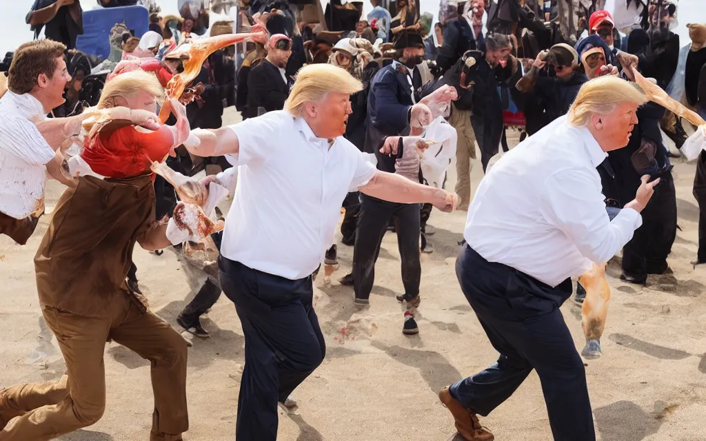 Image similar to donald trump hitting people with pudding, pudding stained clothes, golden hour, boardwalk