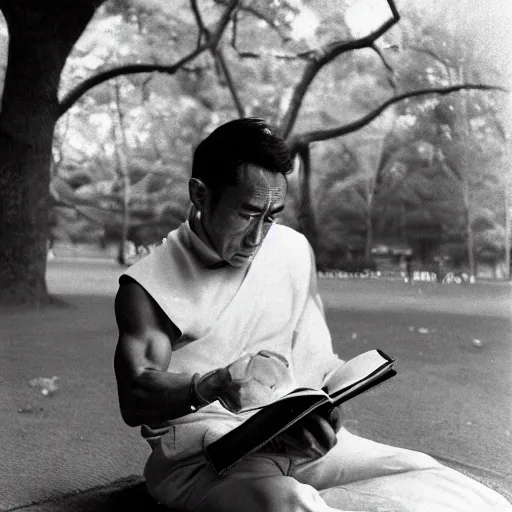 Prompt: portrait of yukio mishima reading a book at a tokyo park with a bandana on his head, strong jawline upper body, cinematic photorealistic