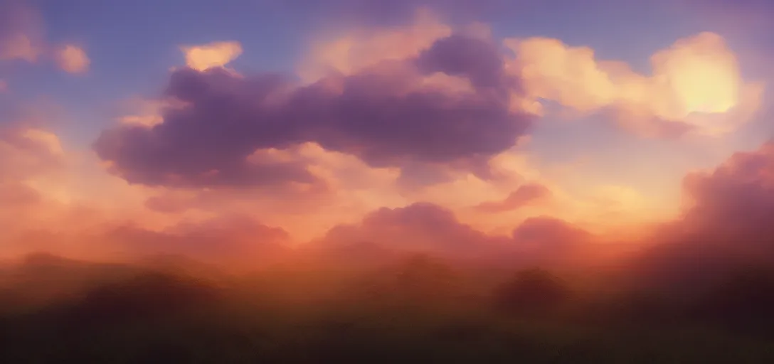 Image similar to peaceful puffy cloud with sunset in the background, matte painting, trending on artstation, artstationHQ, unreal engine, 4k, 8k, anime style