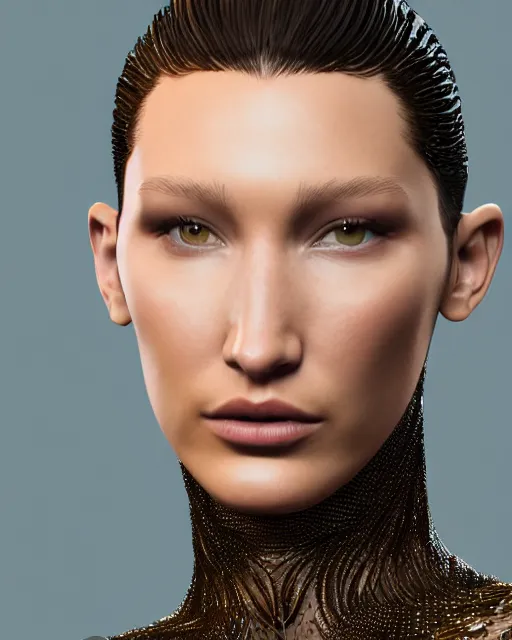 Image similar to a highly detailed metahuman 8 k close up render of bella hadid in iris van herpen with facial accessories made in unreal engine 4