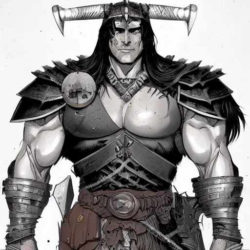 Prompt: cell shaded cartoon, a portrait of a fully armored conan the barbarian, illustration, wide shot, subtle colors, concept art by josan gonzales and wlop, laurie greasley, jordan grimmer and james jean, highly detailed, sharp focus, trending on artstation, hq, deviantart, art by artgem