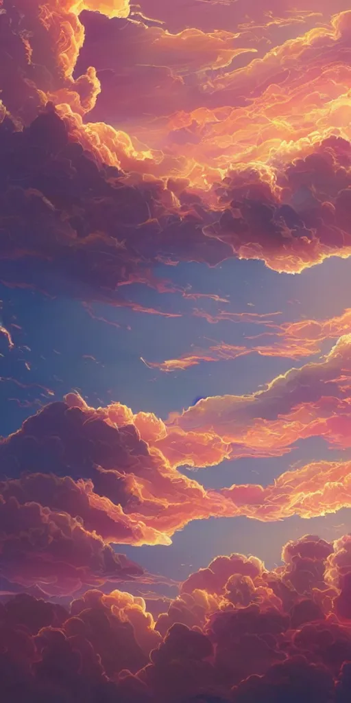 Image similar to A beautiful illustration of beautiful burning cloud in the evening sky, breathtaking clouds, The cloud is ethereal and mystical, and it seems to be glowing from within, buildings, trees, birds, iridescent, black, dark, pink, golden, red, orange, wide angle, by makoto shinkai, Wu daozi, very detailed, deviantart, 8k vertical wallpaper, tropical, colorful, airy, anime illustration, anime nature wallpap