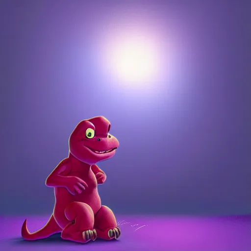 Image similar to barney the dinosaur in a dim purple lit room, melancholy, trending on artstation