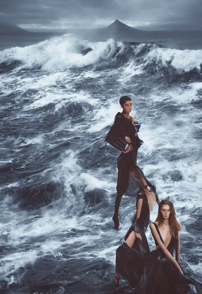 Image similar to fashion editorial in front of a giant tsunami wave. wide angle shot. highly detailed.