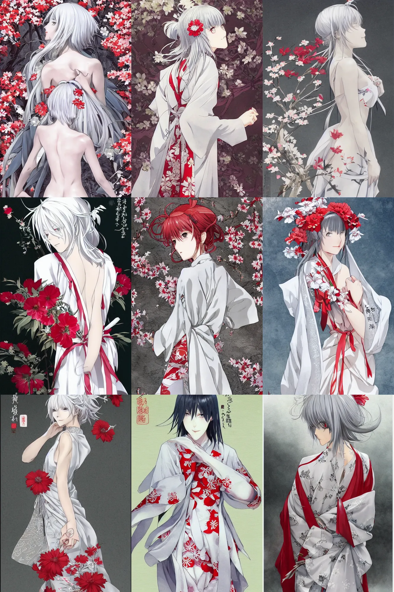 Prompt: beautiful girl, silver hair, white kimono with complex red flower patterns, full body, looking to camera, showing her back partially, cute, ilustration by Takehiko Inoue ((and Krenz Cushart))