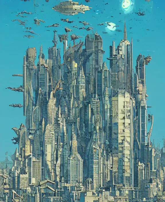 Image similar to simplicity, city skyline made out of sea slugs, in the style of a spaceship, skeletons, partly cloudy, spooky, dramatic lighting, by geof darrow, bill sienkiewicz, dan mumford, yusuke murata, makoto shinkai, ross tran, cinematic, unreal engine, cel shaded, featured on artstation, pixiv