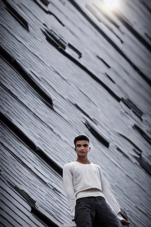 Image similar to un ultra high definition studio quality photographic art portrait of a young man standing on the rooftop of a british apartment building wearing soft padded silver pearlescent clothing. three point light. extremely detailed. golden ratio, ray tracing, volumetric light, shallow depth of field. set dressed.