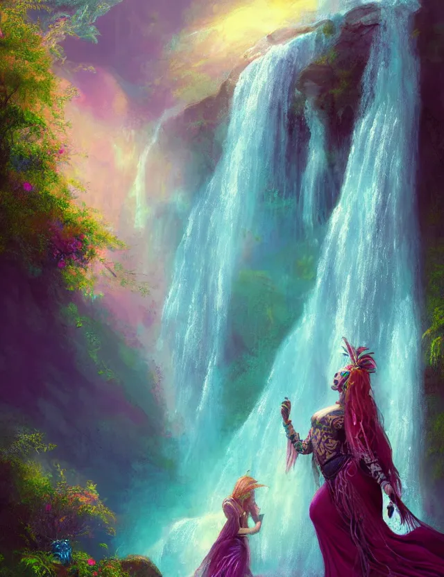 Prompt: full - figured techno - embroidered androgynous human decorated with filigree and beads walks by a waterfall in the sky, safe for work, vivid pastel color scheme, by award - winning concept artist, dynamic composition, backlighting, radiant light