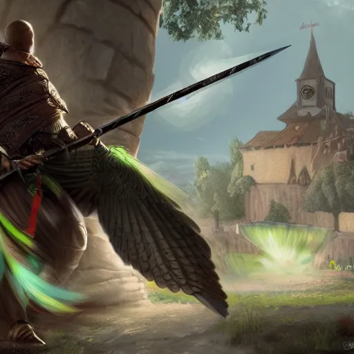 Image similar to Giant monk parakeet fight withs medieval knight with sword. Enchained, restrained. Bloom, volumetric lighting. Fantasy, digital painting, HD, 4k, detailed.