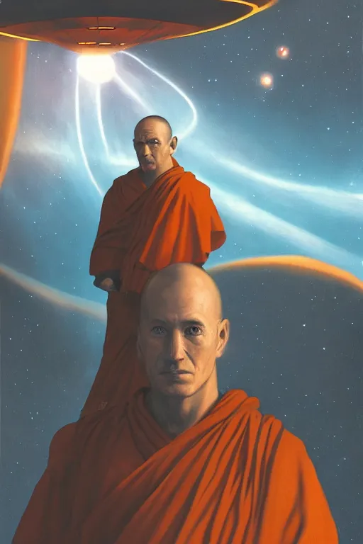 Image similar to portrait of a monk in a spaceship, looking at a nebula, orange robe, dramatic lighting, artstation, matte painting, ralph mcquarrie