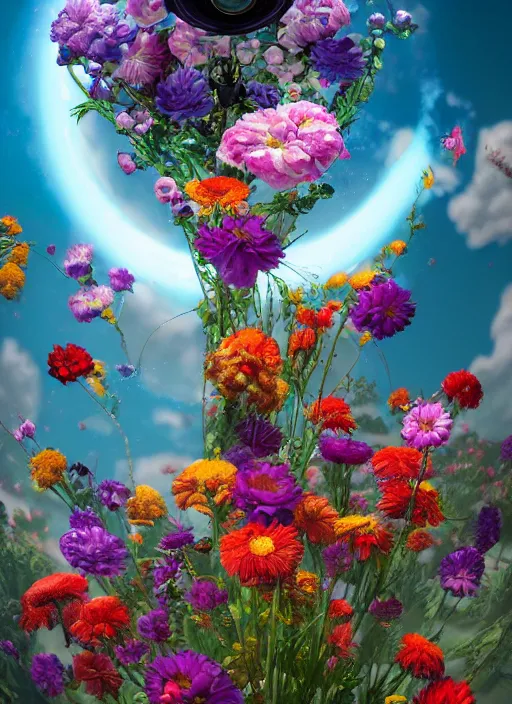 Image similar to An epic fantastic realism comic book style painting of the most beautiful flowers launched into space, bouquets, fisheye lens, unreal 5, DAZ, hyperrealistic, octane render, dynamic lighting