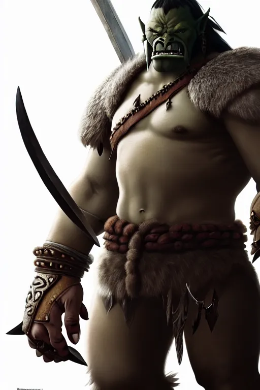 Image similar to orc barbarian wearing leather armor, full body shot, exquisite details, earth magic, mid view, design on a white background, by studio muti, greg rutkowski, makoto shinkai, takashi takeuchi, studio ghibli