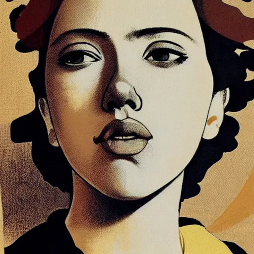 Prompt: “ scarlett johansson portrait by ikenaga yasunari and ayana otake and ko rakusui, 6 0 s poster, drawing, realistic, sharp focus, japanese, dreamy, nostalgia, faded, golden hues, floral clothes, porcelain skin ”