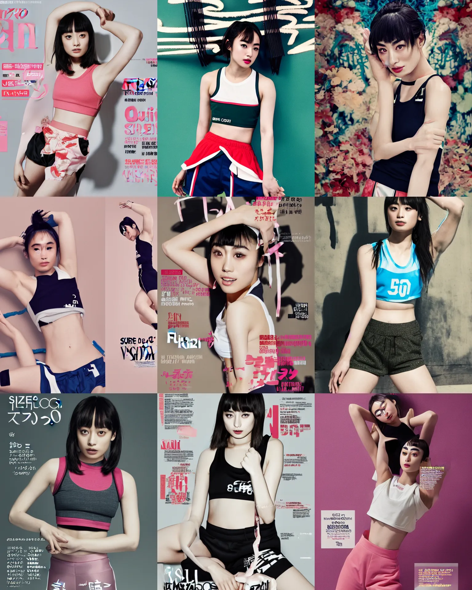 Prompt: suzu Hirose wearing crop gym top, lettering, crop yoga short, Advertising photography by Mario Testino, masterwork, cgstudio