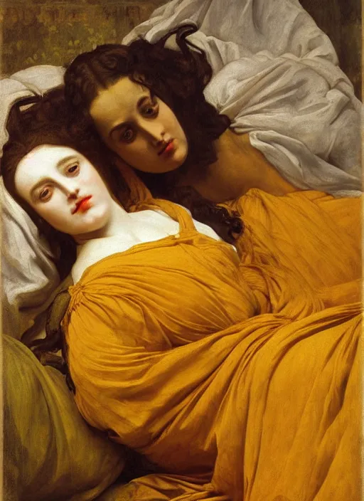 Image similar to masterpiece hybrid portrait of hybrid of sarah siddons and lisa minelli, reclining on bed, flowing cloth floating in the wind, wearing yellow ochre ornate medieval dress, vertical, foreshortening, colour photography by frederic leighton, william morris, 8 k