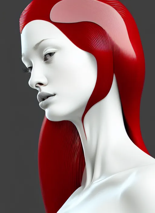 Image similar to complex 3d render ultra detailed of a beautiful porcelain profile young woman face, biomechanical cyborg, 200 mm lens, beautiful studio soft light, rim light, silver white gold red details, cubist magnolia monochromatic red big leaves and stems, roots, fine foliage lace, mesh wire, Alexander Mcqueen high fashion haute couture, art nouveau fashion embroidered, multilayered fabrics, intricate details, hyper realistic, ultra detailed, mandelbrot fractal, anatomical, facial muscles, cable wires, microchip, elegant, octane render, H.R. Giger style, black eyes, plump lips, volumetric lighting, 8k post-production, trending on Artstation