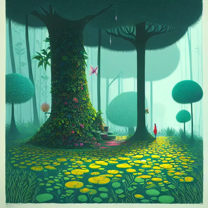 Image similar to ( ( ( gediminas pranckevicius ) ) ), stillness under bo tree in a jungle garden summer morning, very coherent and colorful high contrast art by james gilleard floralpunk screen printing woodblock, dark shadows, pastel color, hard lighting