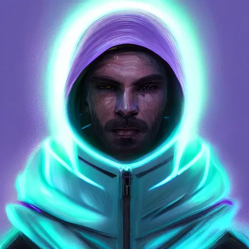 Image similar to a portrait of an ultradetailed futuristic male cyberpunk wearing a hoodie on his head, bearded, deep blue eyes, by dylan kowalski, 8 k, purple neon colours, digital painting, trending on artstation