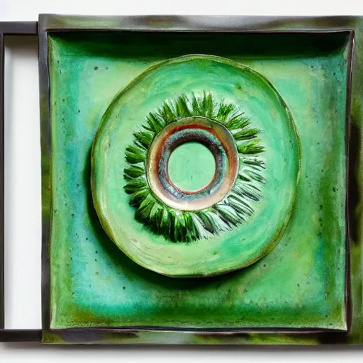 Image similar to a ceramic sculpture of some kind of plant in a glazed surreal abstract hand-crafted frame with imperfections with a white wall behind it and swirling green plants in the center by cleo sjolander