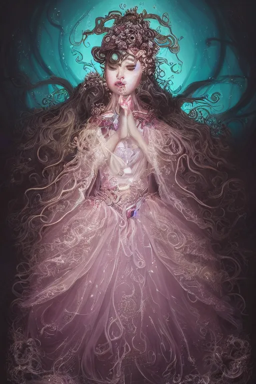 Prompt: A full body shot of a cute and mischievous young monster princess wearing an ornate gown. Covered in barnacles and tentacles. Dynamic Pose. Quinceanera dress. Rainbow palette. Dramatic Lighting. Eldritch. defined facial features, symmetrical facial features. Opalescent surface. Emerging from the darkness. Elegant. By Ruan Jia and Artgerm and Range Murata and WLOP and Ross Tran and William-Adolphe Bouguereau. Key Art. realistic, Hyperdetailed. Fantasy Illustration. Masterpiece. artstation, award winning, sharp, details, HD, HDR, 4K, 8K.