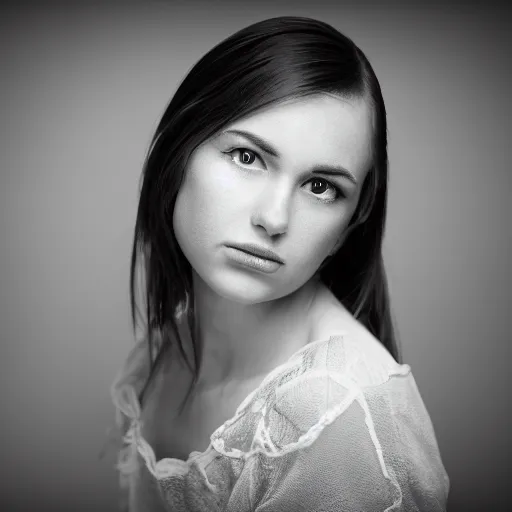 Prompt: A Contre-jour styled portrait with a 4x5 camera, bokeh, depth of field, white background, high contrast, studio lighting