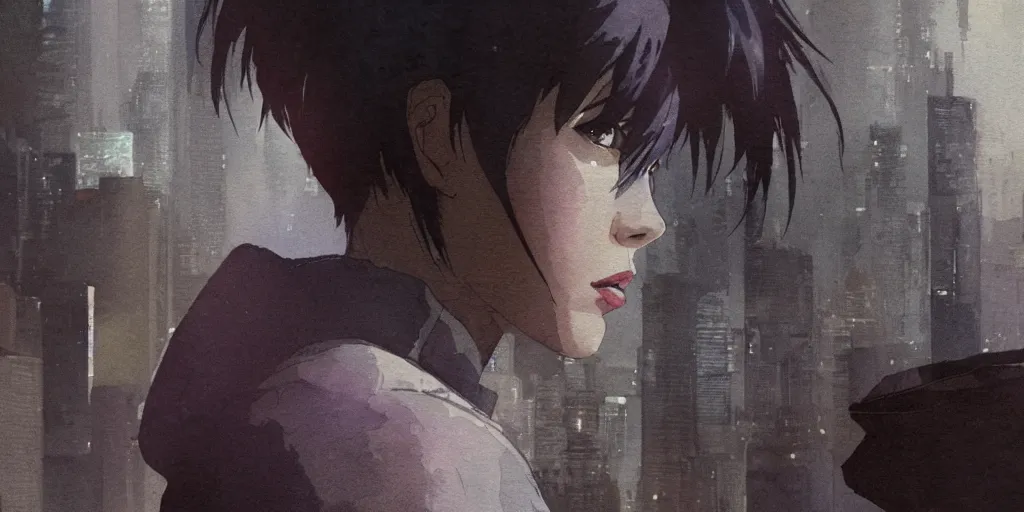 Image similar to incredible wide screenshot, ultrawide, simple watercolor, rough paper texture, ghost in the shell movie scene, backlit distant shot of girl in a parka