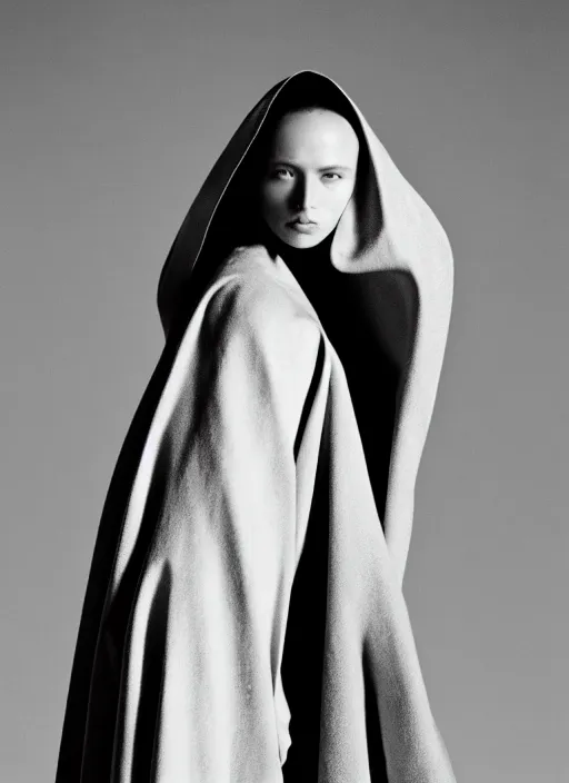 Prompt: a film still of a gorgeous girl in cloak designed byyohji yamamoto and rick owens, in vogue and gq editorial fashion photography, medium close - up, cannon ef 6 5 mm f / 2. 8 in dune