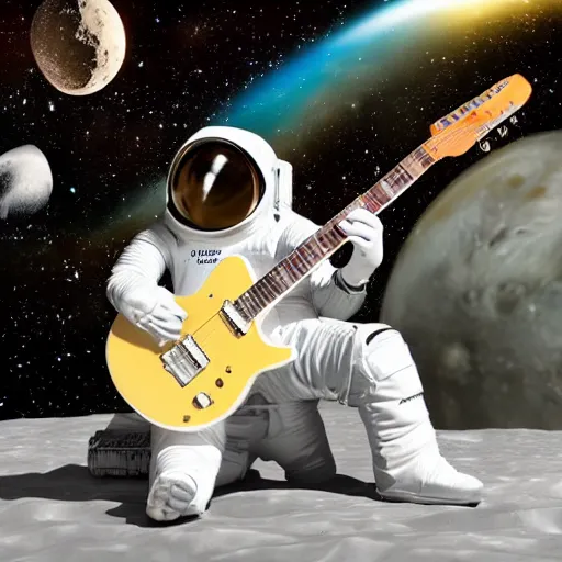 Image similar to a photo of a detailed, realistic, regular sized, sitting idle electric guitar next to an idle beer can next to an astronaut sitting on the moon surface. detailed photo. realistic photo