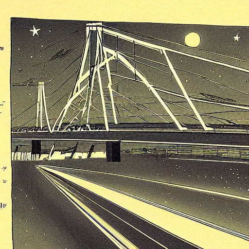 Image similar to night scene of future bridge illustrated by arai yoshimune