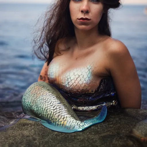 Prompt: portrait photo of a very bored mermaid