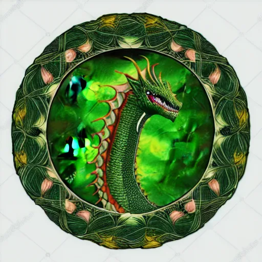 Image similar to rhaegal, green dragon, surrounded by rosebuds in fractal patterns