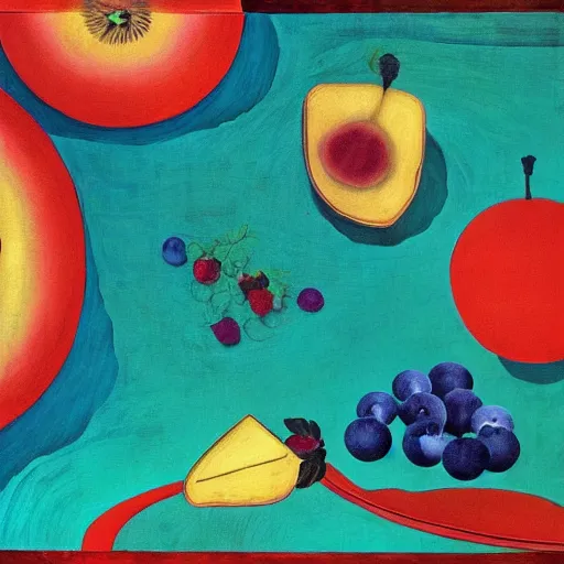 Image similar to by liu ye iron, turquoise swirling. a still life of fruit on a table. the fruit is arranged in a pyramid shape, with the largest pieces of fruit at the bottom & the smallest pieces of fruit at the top. the colors are bright & the experimental art has a lot of texture.