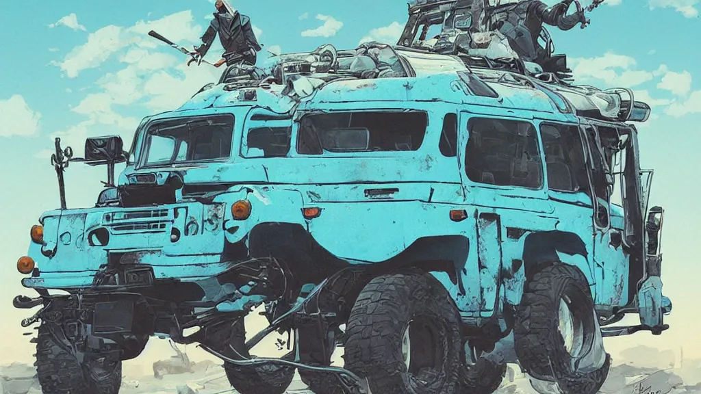 Prompt: digital illustration of a futuristic faded cyan mad max's fj 4 0 decrepit!!!! pursuit special, rusty!!! cyberpunk nissan fj cruiser heavily modded 1 9 9 0 s, the last v 8 interceptor by makoto shinkai, ilya kuvshinov, lois van baarle, rossdraws, basquiat